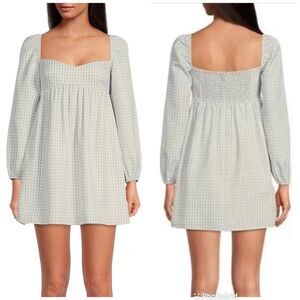GIANNI BINI Sage Green Gingham Mini Milkmaid Dress Long Sleeve Peasant Size 10‎